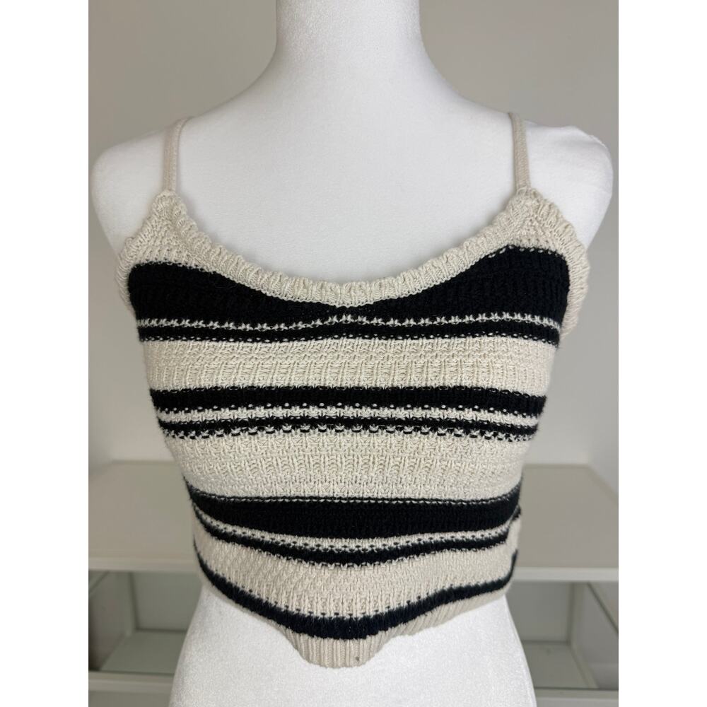 Freshman 1996 Womens Boho Cream/Black Striped Knit Spaghetti Strap Tank Top XS